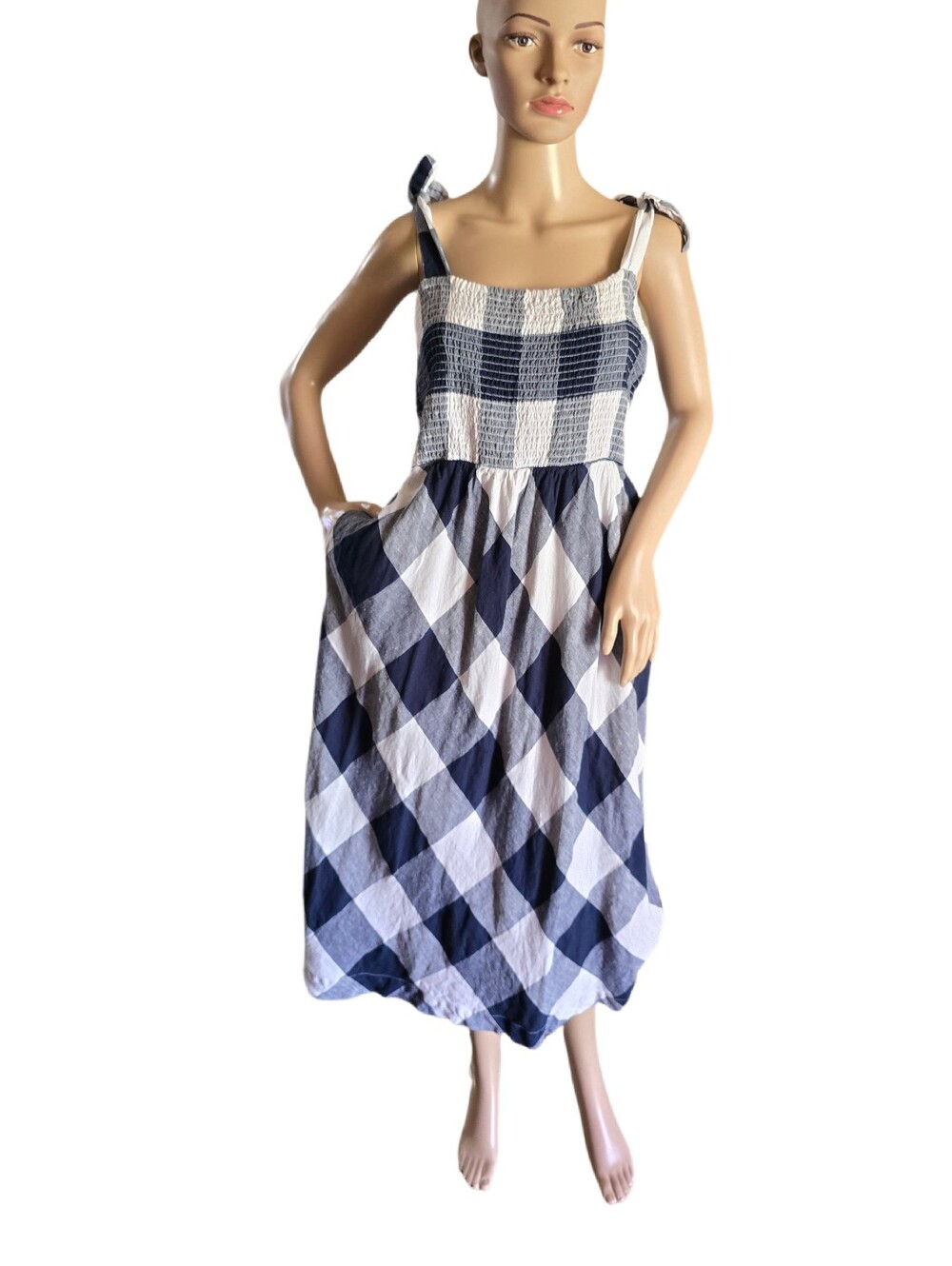 Smocked Gingham Midi Dress in Navy and White